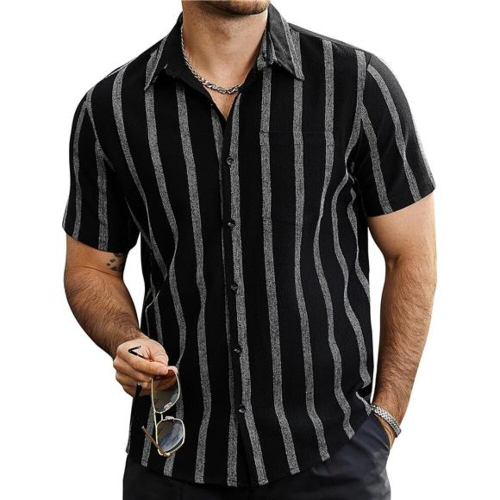 Men's Black Summer Striped Shirts Button Down Short Sleeve Vintage Beach T-shirt